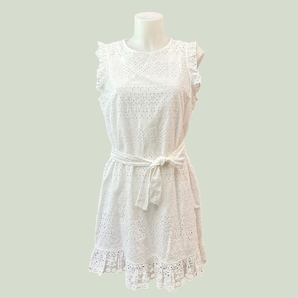 J. McLaughlin White Cotton Eyelet Zita Sleeveless Dress Belted Midi Size M